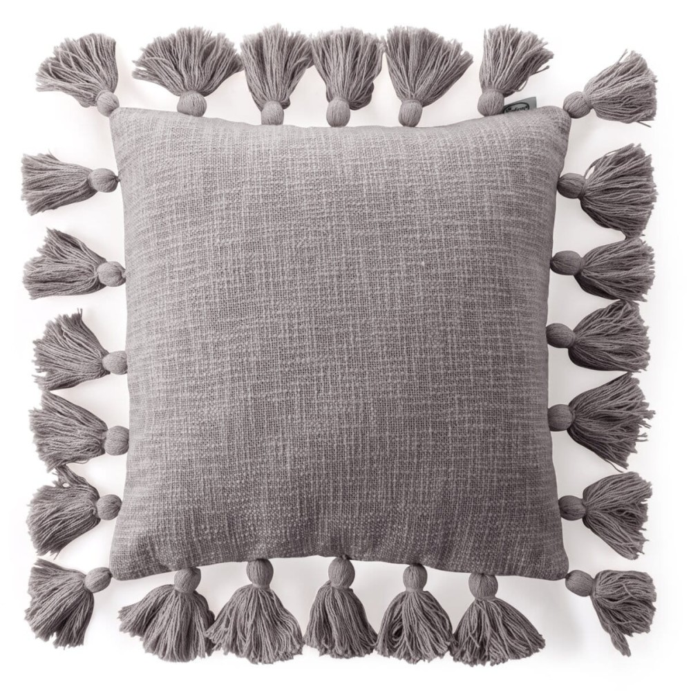 Poszewka Dekor boho z grubej tkaniny bawełnianej z chwostami- 45X45 popiel