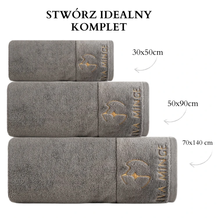 piękny RĘCZNIK EVA MINGE - logowany złoty haft - 30x50 - PREMIUM srebrny