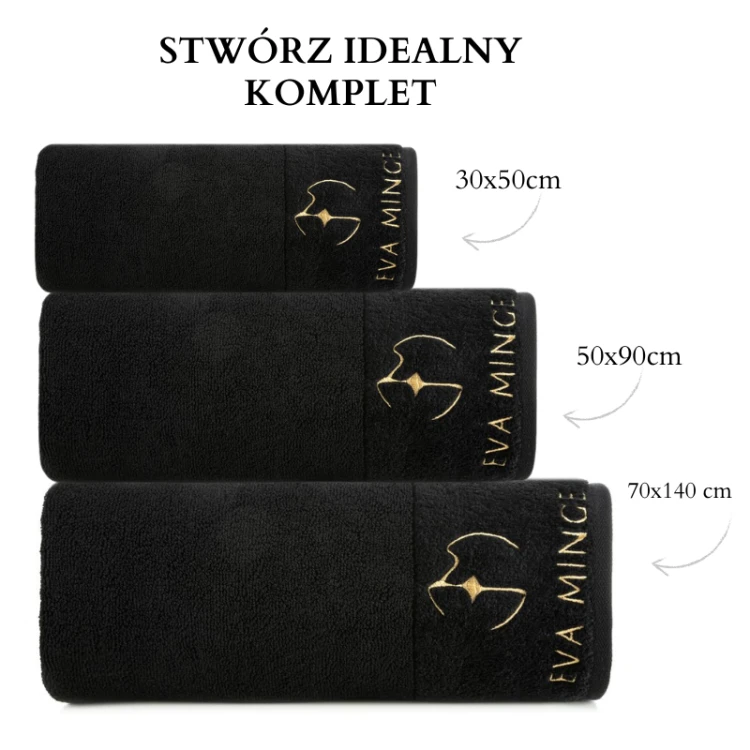 piękny RĘCZNIK EVA MINGE - logowany złoty haft - 50x90 - PREMIUM czarny