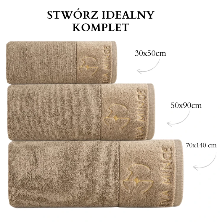 piękny RĘCZNIK EVA MINGE - logowany złoty haft - 30x50 - PREMIUM beż