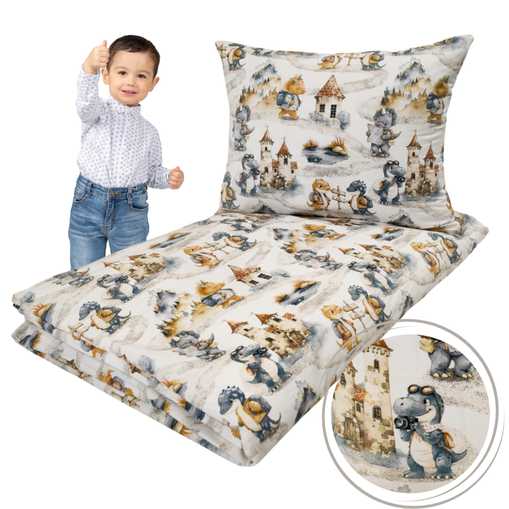 KOMPLET POŚCIELI - DINUŚ PODRÓŻNIK - 100x160+50x60 - 100% BAWEŁNA na zamek