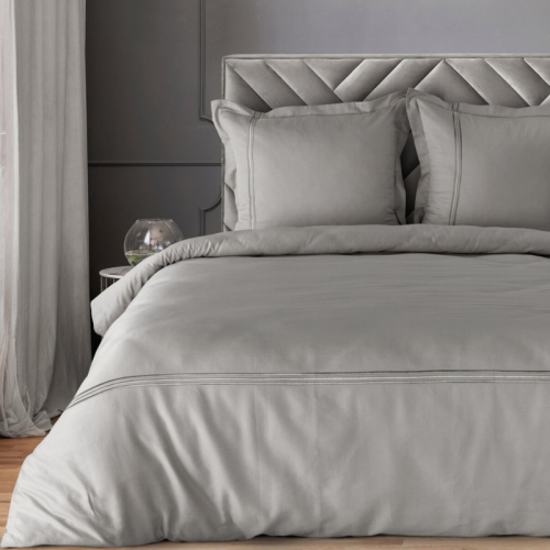 Elegancka Pościel Haftowana PREMIUM - 160x200 szara z srebrną nicią 100% bawełna