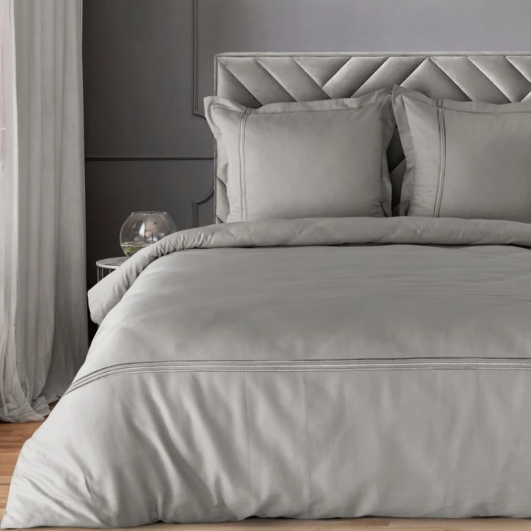 Elegancka Pościel Haftowana PREMIUM - 160x200 szara z srebrną nicią 100% bawełna