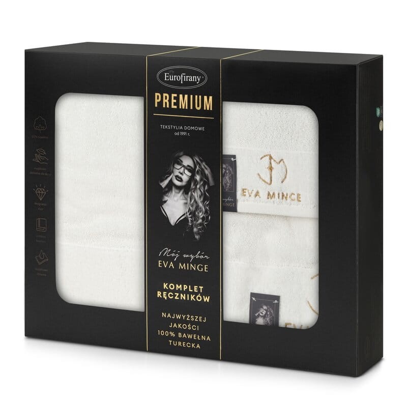 Komplet wyjątkowych ręczników - EVA MINGE - złoty haft - w eleganckim pudełku 3 szt