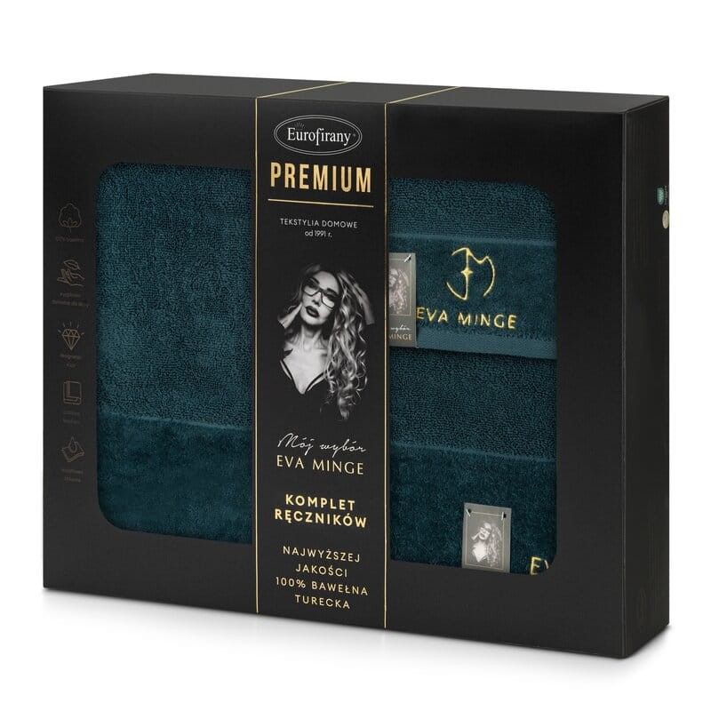 Komplet wyjątkowych ręczników - EVA MINGE - złoty haft - w eleganckim pudełku 3 szt