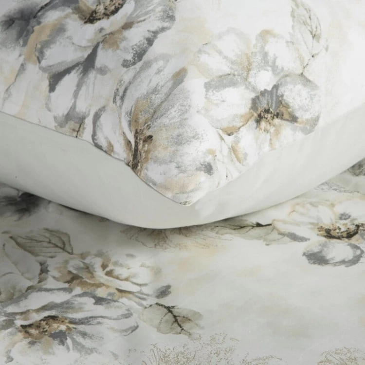 Elegancka Pościel bawełniana 160x200 w kwiaty beżowo-szara