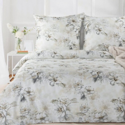 Elegancka Pościel bawełniana 160x200 w kwiaty beżowo-szara