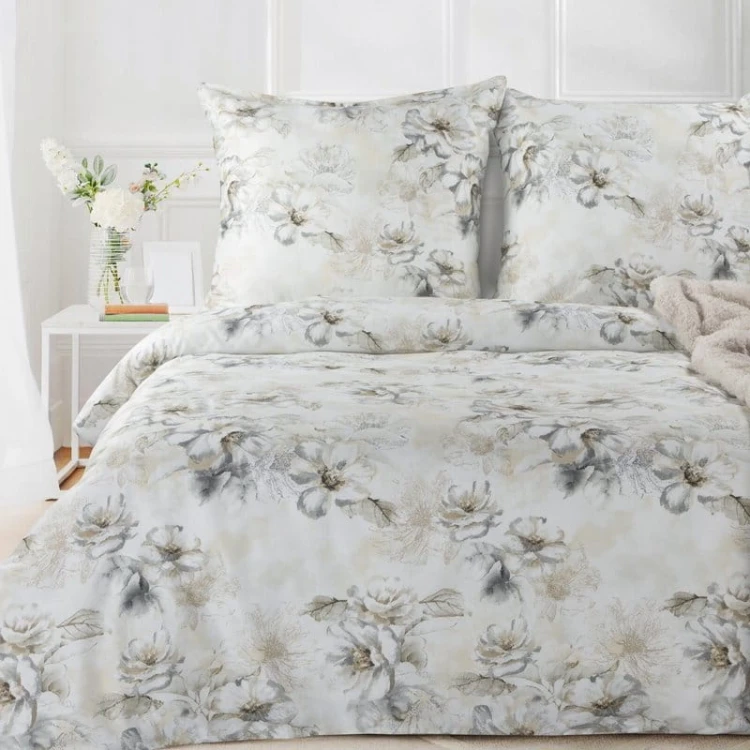 Elegancka Pościel bawełniana 160x200 w kwiaty beżowo-szara