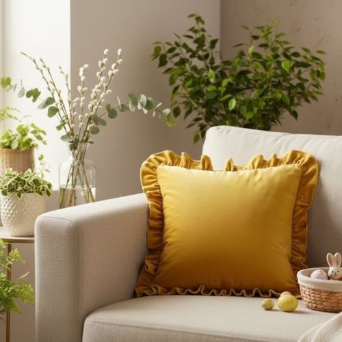 Dekoracyjna Poszewka z falbanką –- żółty 45X45 elegancka ozdobna do salonu i sypialni