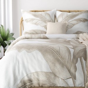 Pościel bawełniana z motywem liści 220x200 elegancka pościel w naturalnych beżach 