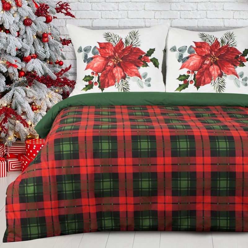 Pościel flanelowa świąteczna - gwiazda betlejemska + krata 160x200 cm 100% bawełna