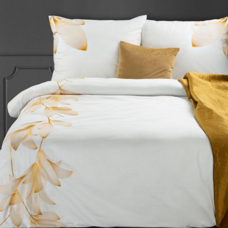 Elegancka Pościel Haftowana PREMIUM - Subtelne LIŚCIE- 220x200 biały 100% bawełna